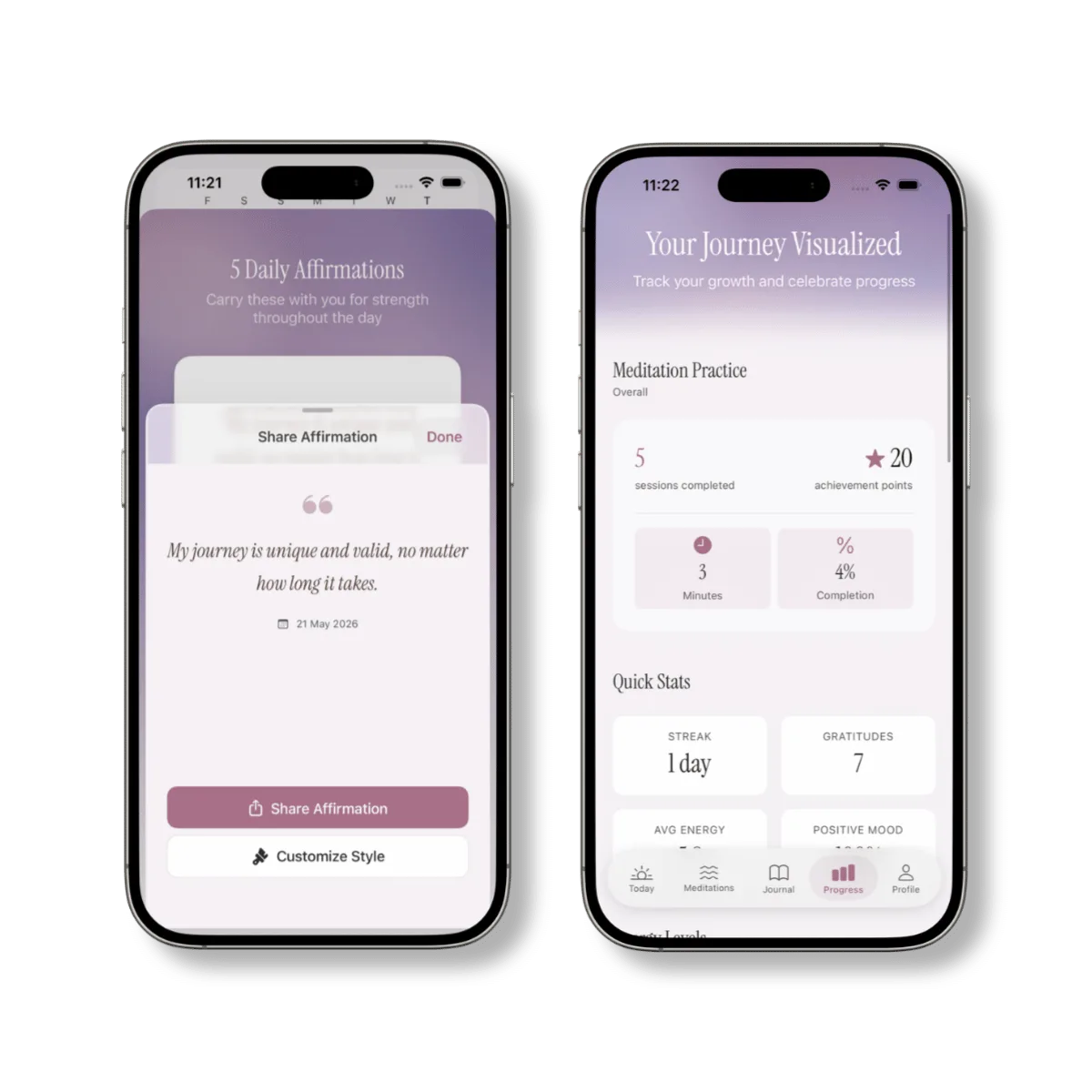 My Maternal Mind app screens showing journaling and progress tracking